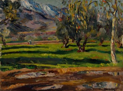 Wet Attica Landscape, Shimmering Waters — Oil painting, Fiberboard, 30.00×40.00cm — Theodoros Markellos